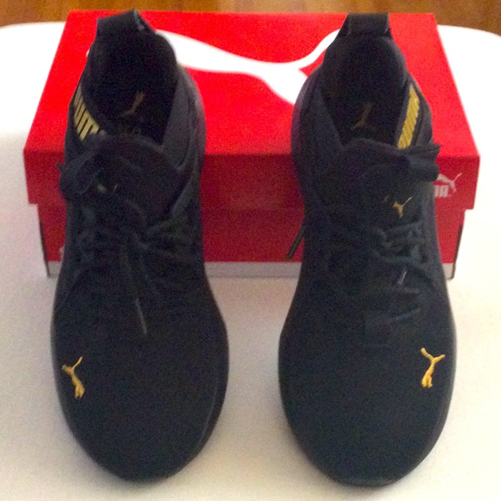 Puma Softride Enzo NXT Shine Black and Gold Sneakers 8.5